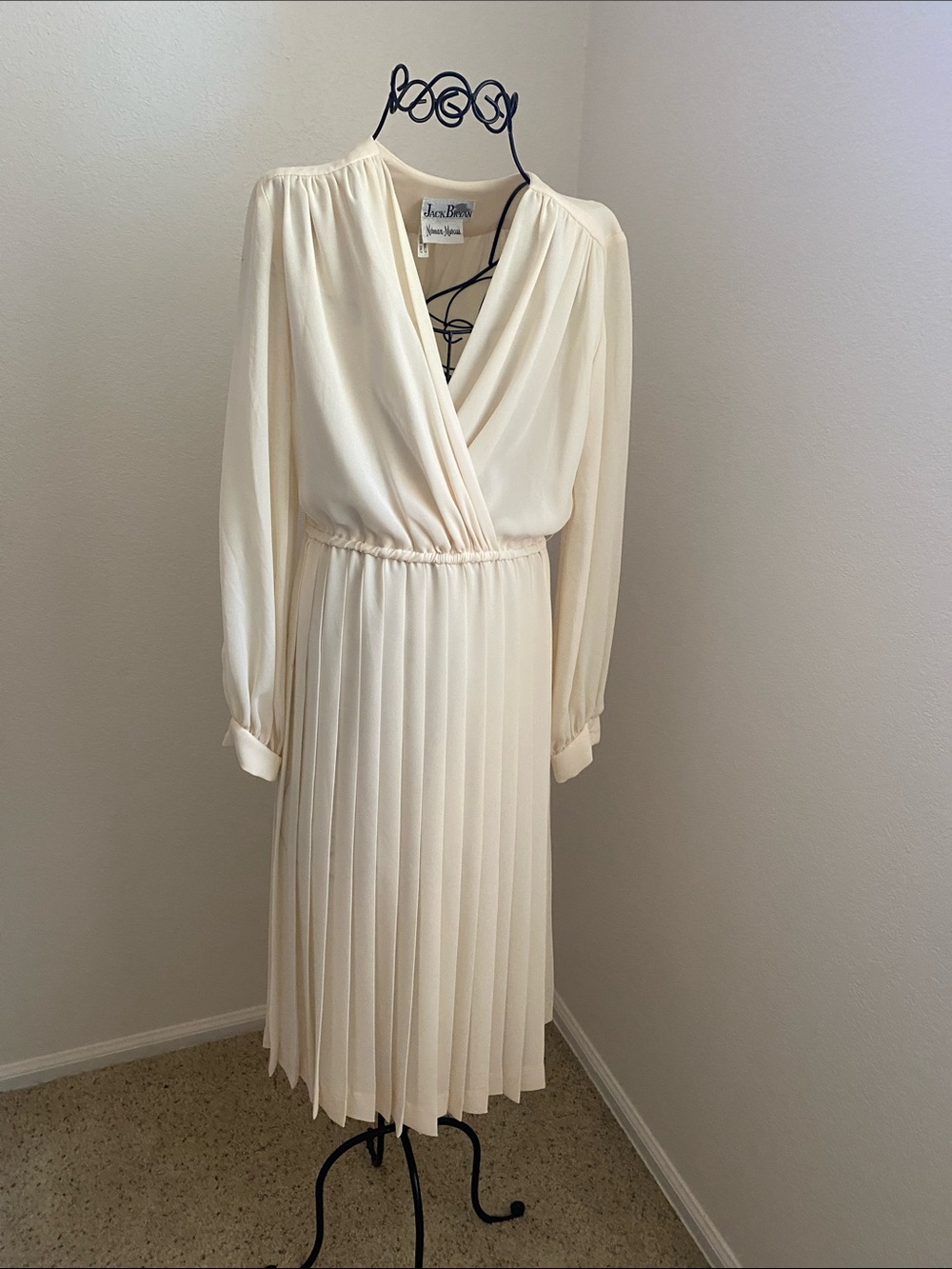 VTG 1950-1960 Jack Bryan  Ivory Surplice Pleated Long-Sleeve Midi Dress